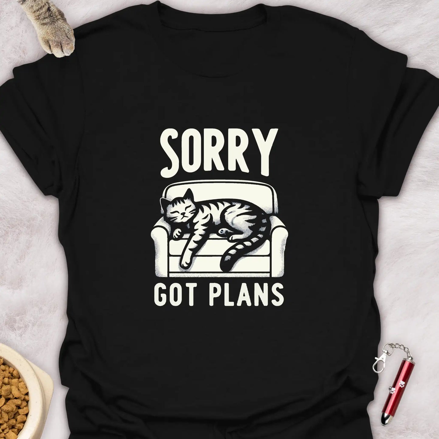 SORRY GOT PLANS β SLEEPING CAT ON COUCH FUNNY CAT T-SHIRT