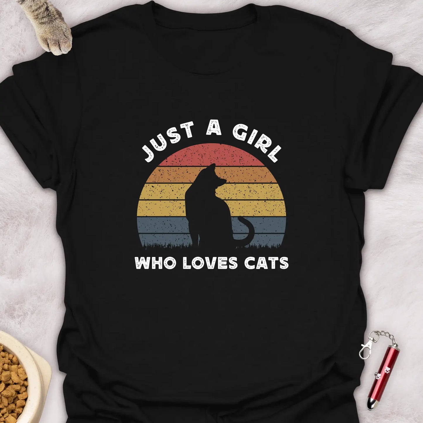 JUST A GIRL WHO LOVES CATS β RETRO SUNSET SILHOUETTE CAT T-SHIRT