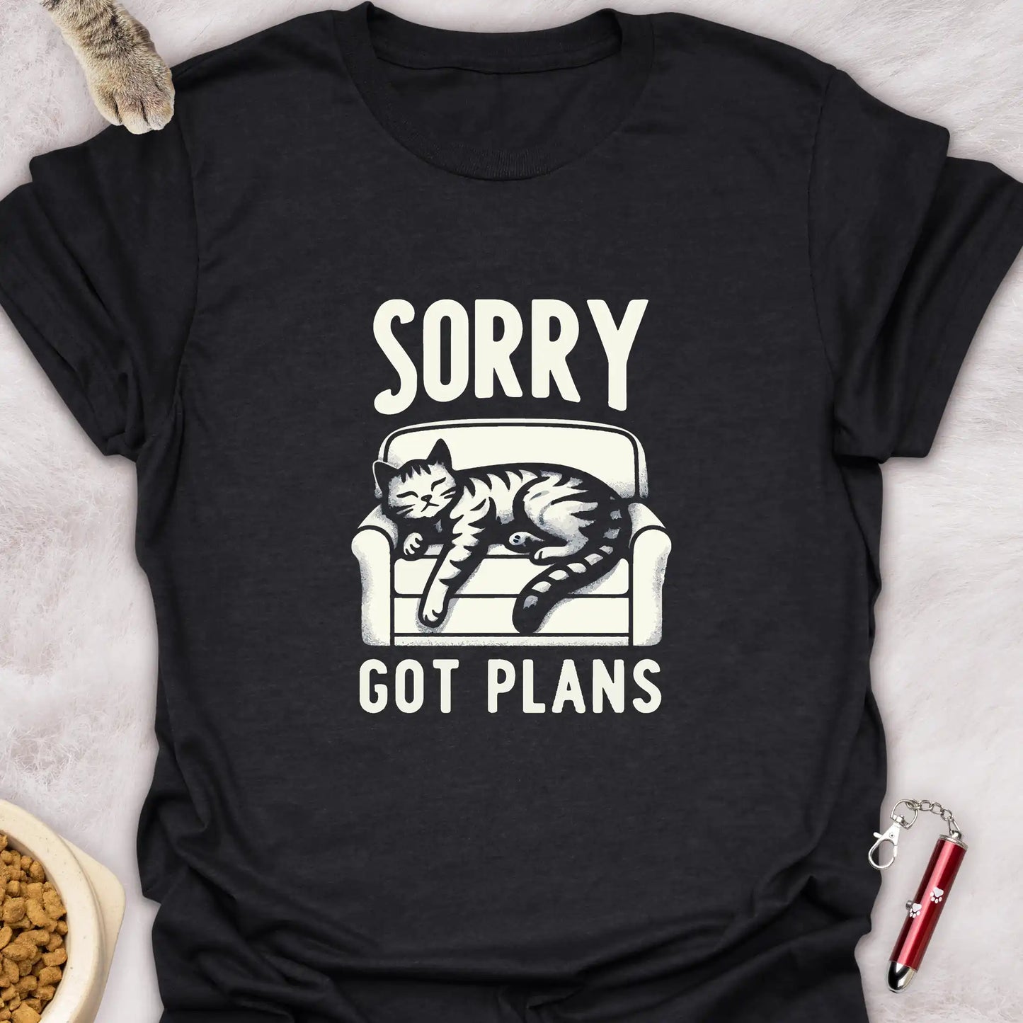 SORRY GOT PLANS β SLEEPING CAT ON COUCH FUNNY CAT T-SHIRT