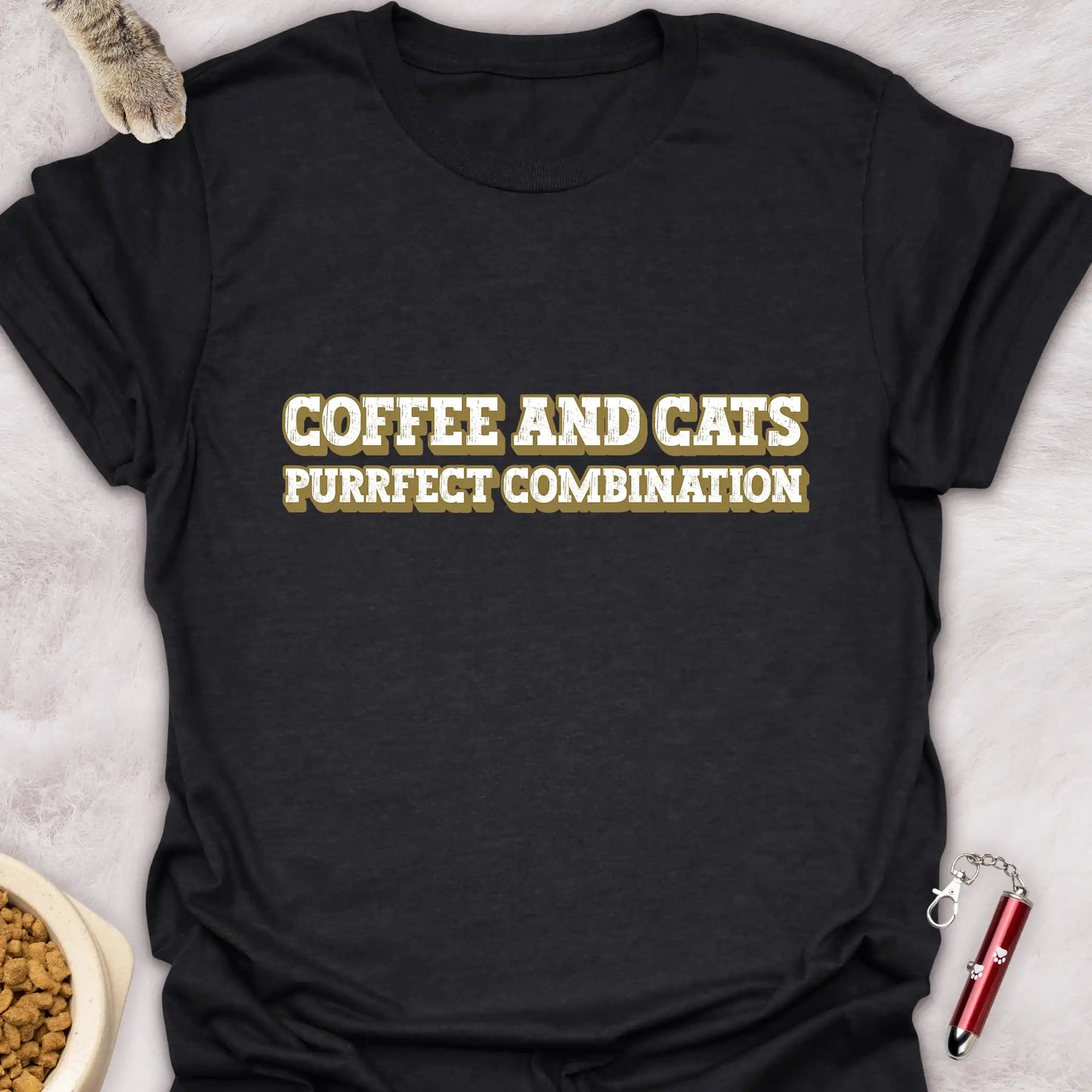 COFFEE AND CATS PURRFECT COMBINATION TEXT CAT T-SHIRT