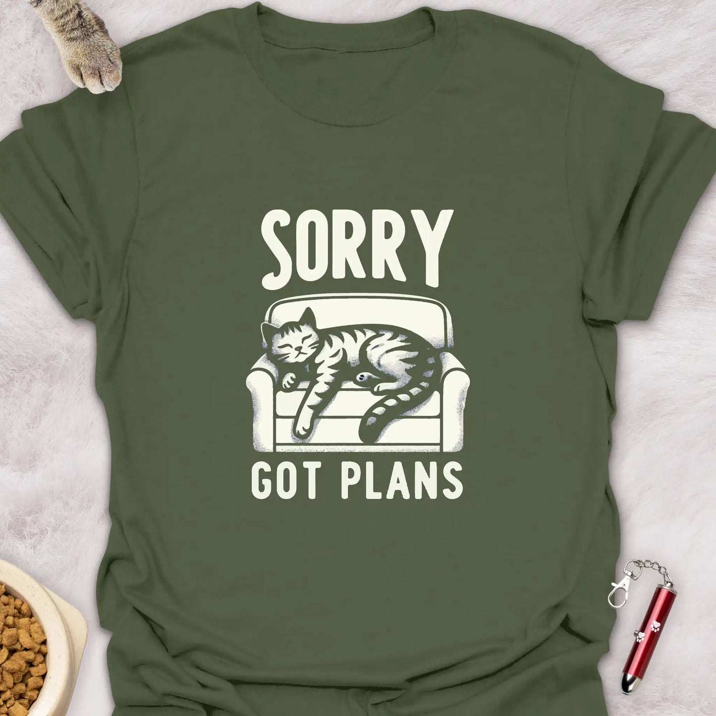 SORRY GOT PLANS β SLEEPING CAT ON COUCH FUNNY CAT T-SHIRT