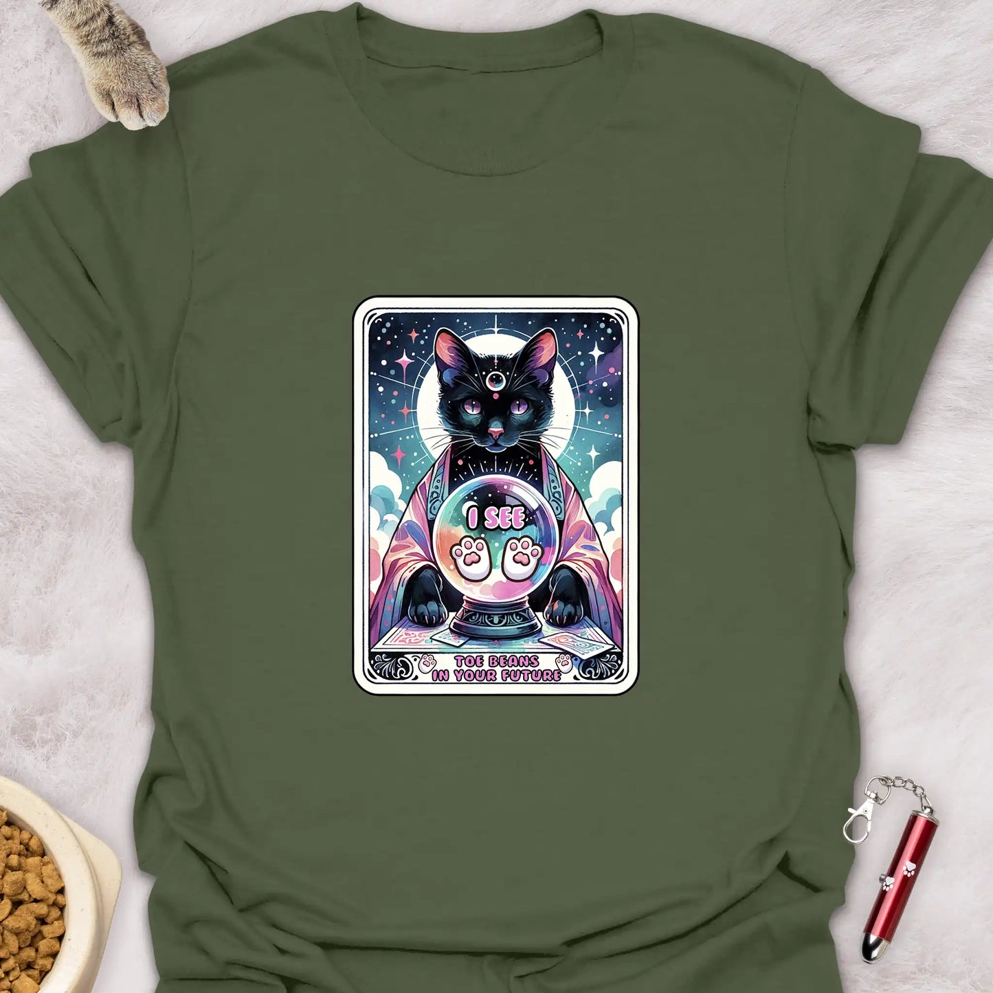 FORTUNE TELLER CAT – TAROT CARD “TOE BEANS IN YOUR FUTURE” T-SHIRT