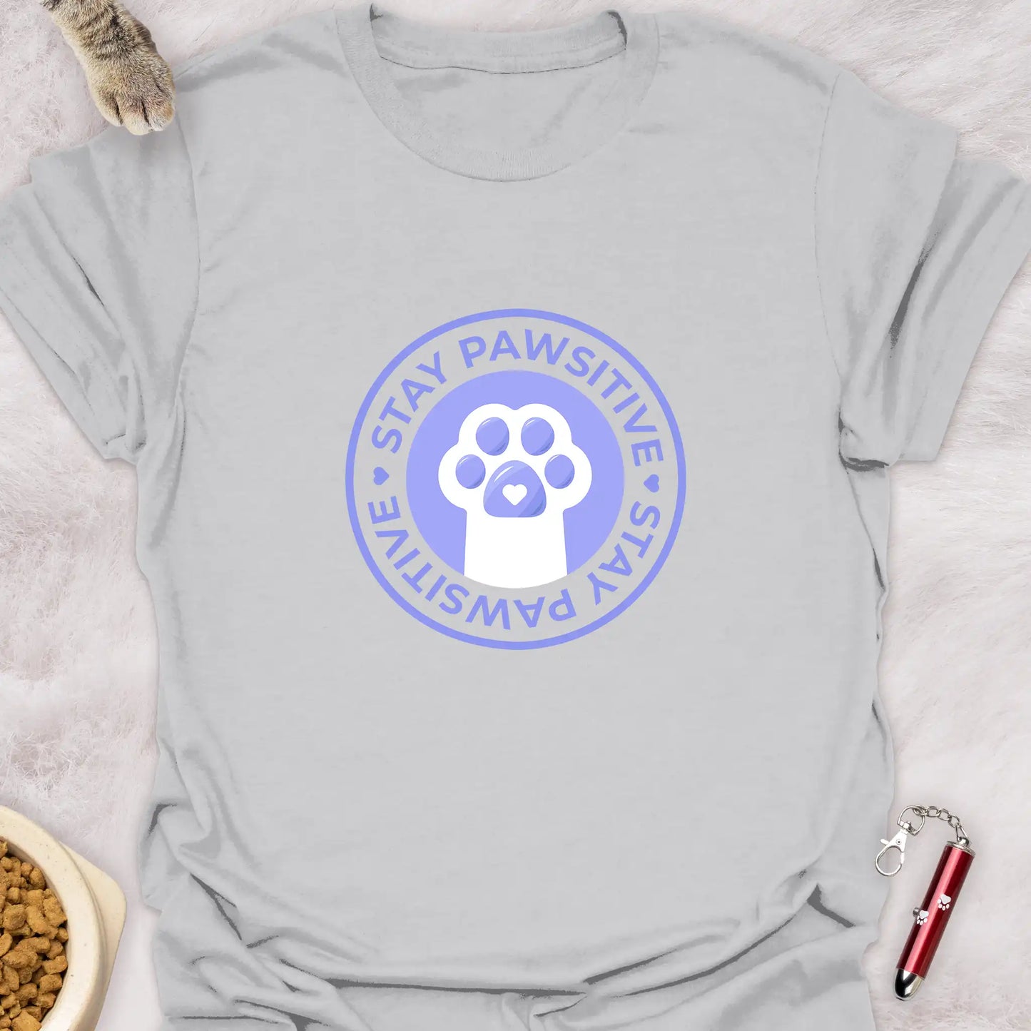 STAY PAWSITIVE β CAT PAW BADGE TEXT DESIGN T-SHIRT