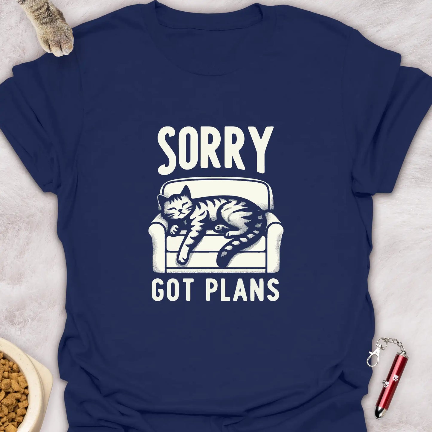 SORRY GOT PLANS β SLEEPING CAT ON COUCH FUNNY CAT T-SHIRT