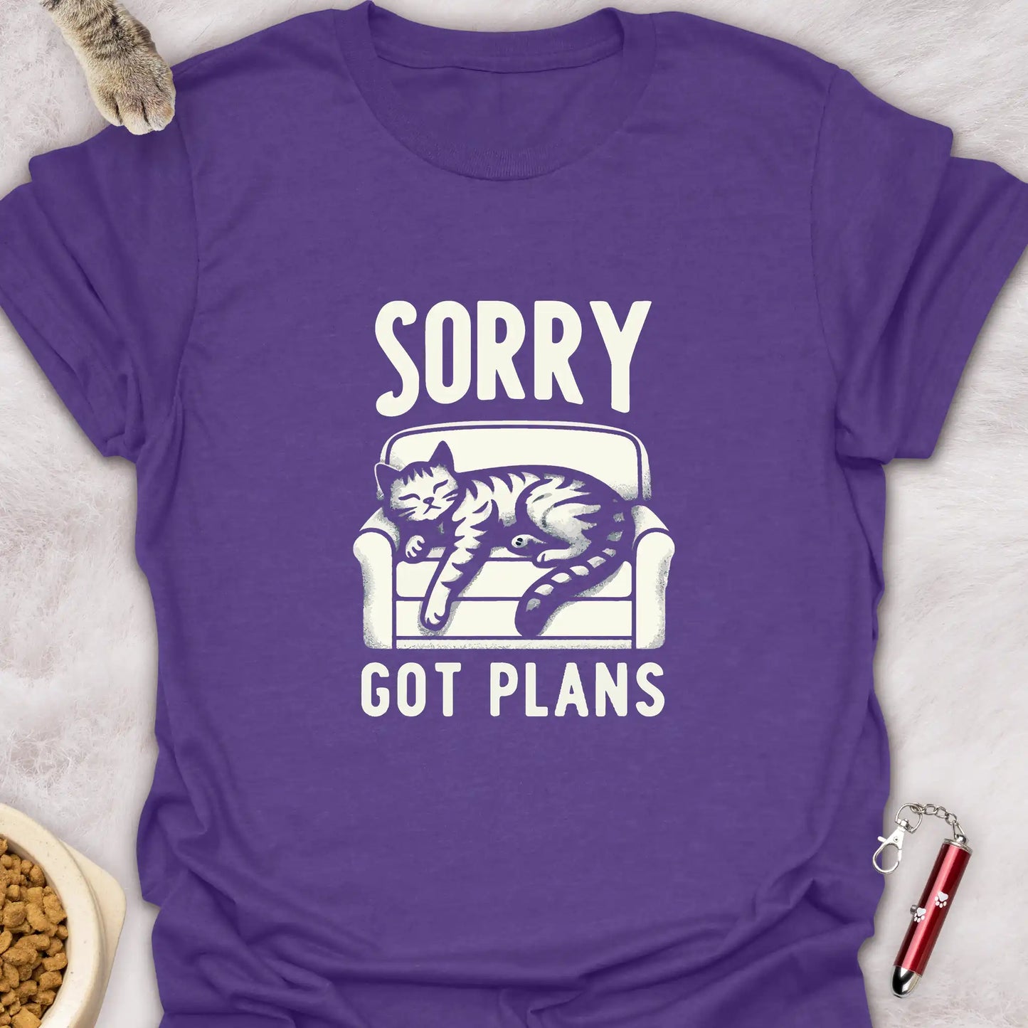 SORRY GOT PLANS β SLEEPING CAT ON COUCH FUNNY CAT T-SHIRT
