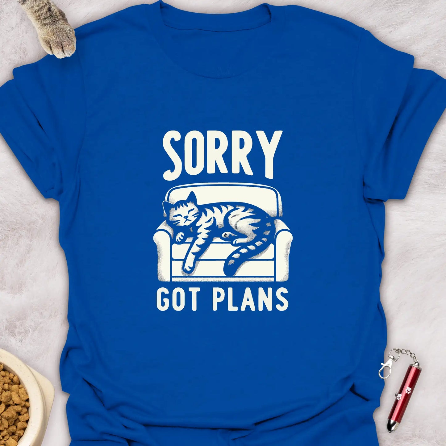 SORRY GOT PLANS β SLEEPING CAT ON COUCH FUNNY CAT T-SHIRT