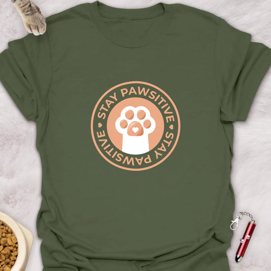 STAY PAWSITIVE – CAT PAW BADGE TEXT DESIGN T-SHIRT