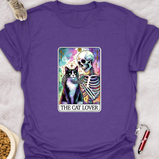 THE CAT LOVER – SKELETON WITH BLACK AND WHITE CAT TAROT CARD STYLE T-SHIRT